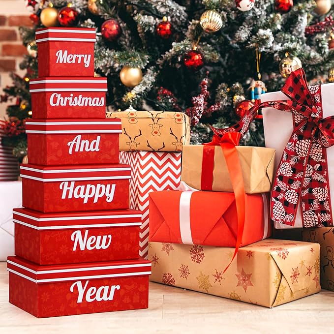 Merry Christmas and Happy New Year 6 Tier Indulgence Gift Basket Tower with Dried Fruits & Nuts - Gourmet Food Present for Men & Women