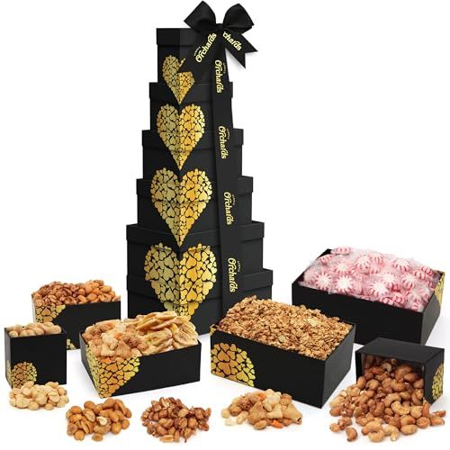 Mothers Day Nuts gift Basket Tower, Heart Design 6 Tier Food Baskets for Men and Women. Valentien Healthy Gift Basket.