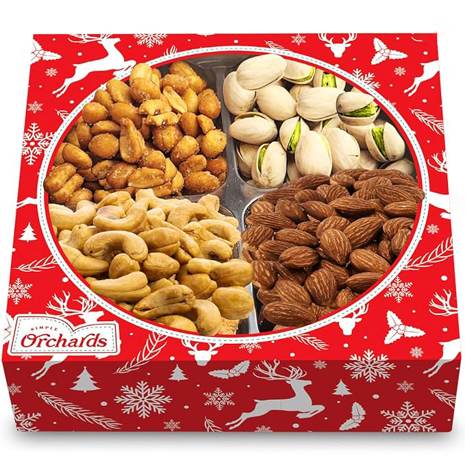 Christmas Nuts Gift Basket for Holiday Season, Premium Mixed Nut Assortment Gift Gourmet Snack Food Present Box, Vegan, Organic and Kosher - Christmas Gift Basket for Family (4 Sectional)