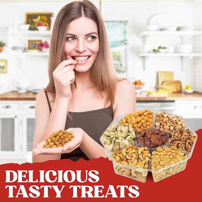 Fathers Day Nuts Gift Basket - 7 Sectional Nuts Platter With a Variety of Freshly Roasted Nuts - Beautifully Packaged Gift for Birthday, Sympathy. Large Family Pack.