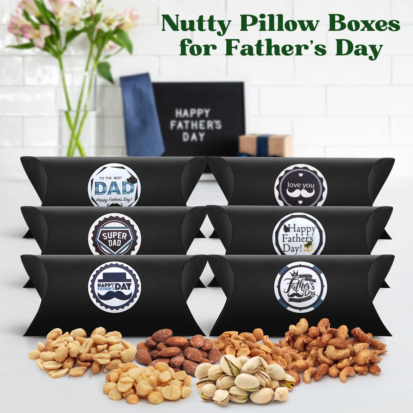 Father's Day Nut Gift Baskets - 6 Pillow Boxes Filled With Fresh Nuts, Beautifly Packaged for Fathers Day Celebrations, Special Dad Gifts For Fathers Day.