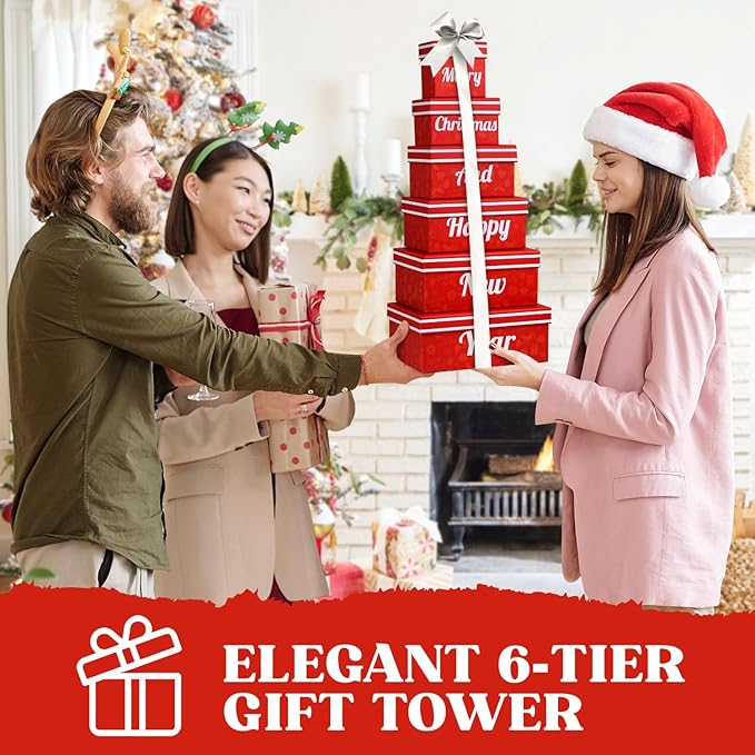 Merry Christmas and Happy New Year 6 Tier Indulgence Gift Basket Tower with Dried Fruits & Nuts - Gourmet Food Present for Men & Women