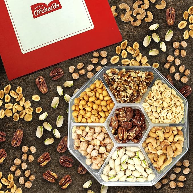 Nuts Gift Basket - Delicious Mixed Cravings Gourmet Collection Features 7 Sectional Platter with Freshly Roasted Nuts - Gift Baskets.