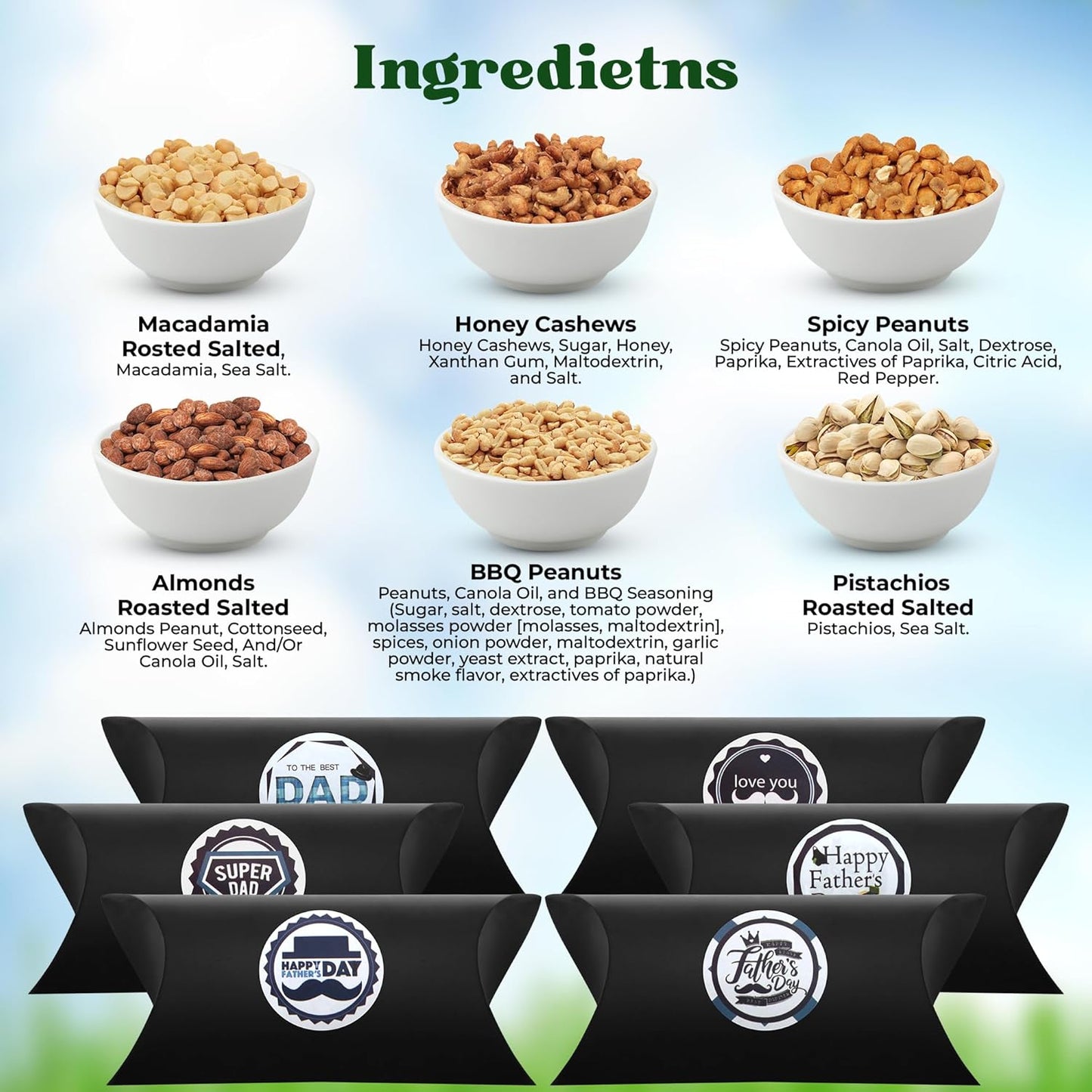 Father's Day Nut Gift Baskets - 6 Pillow Boxes Filled With Fresh Nuts, Beautifly Packaged for Fathers Day Celebrations, Special Dad Gifts For Fathers Day.