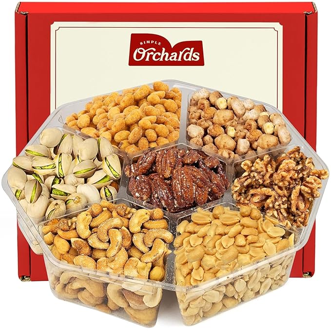 Fathers Day Nuts Gift Basket - 7 Sectional Nuts Platter With a Variety of Freshly Roasted Nuts - Beautifully Packaged Gift for Birthday, Sympathy. Large Family Pack.