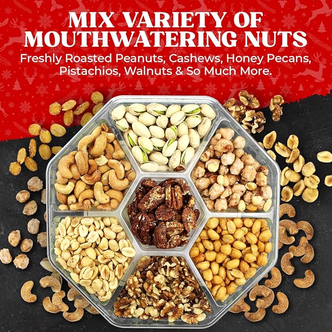 Christmas Nuts Gift Basket for Holiday Season, Premium Mixed Nut Assortment Gift Gourmet Snack Food Present Box, Vegan, Organic and Kosher - Christmas Gift Basket for Family (7 Sectional)