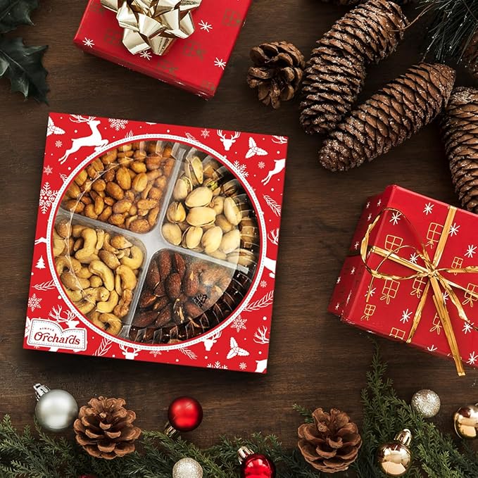 Christmas Nuts Gift Basket for Holiday Season, Premium Mixed Nut Assortment Gift Gourmet Snack Food Present Box, Vegan, Organic and Kosher - Christmas Gift Basket for Family (4 Sectional)