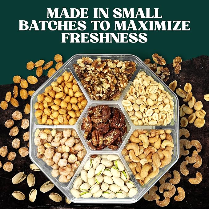 Assorted Nuts - Gourmet  Gift Basket With a Variety of Freshly Roasted Nuts - Beautifully Packaged Gift for Birthday, Sympathy, Halloween, Thanksgiving. (7 Sectional Ultimate Family Pack)