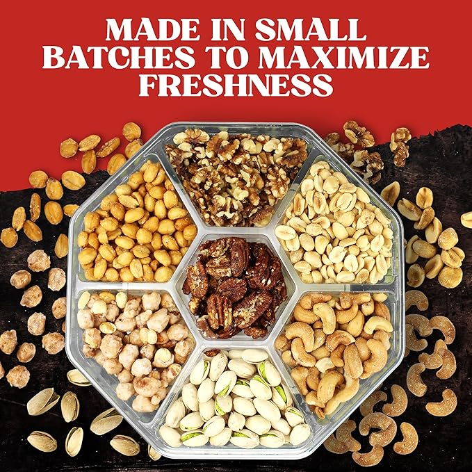Fathers Day Nuts Gift Basket - 7 Sectional Nuts Platter With a Variety of Freshly Roasted Nuts - Beautifully Packaged Gift for Birthday, Sympathy. Large Family Pack.