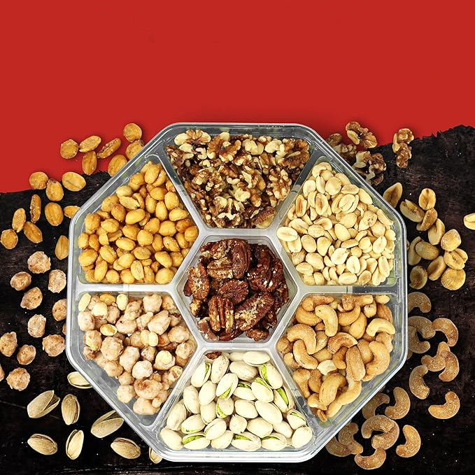 Fathers Day Nuts Gift Basket - 7 Sectional Nuts Platter With a Variety of Freshly Roasted Nuts - Beautifully Packaged Gift for Birthday, Sympathy. Large Family Pack.