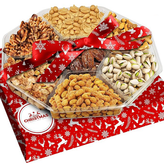 Christmas Nuts Gift Basket for Holiday Season, Premium Mixed Nut Assortment Gift Gourmet Snack Food Present Box, Vegan, Organic and Kosher - Christmas Gift Basket for Family (7 Sectional)