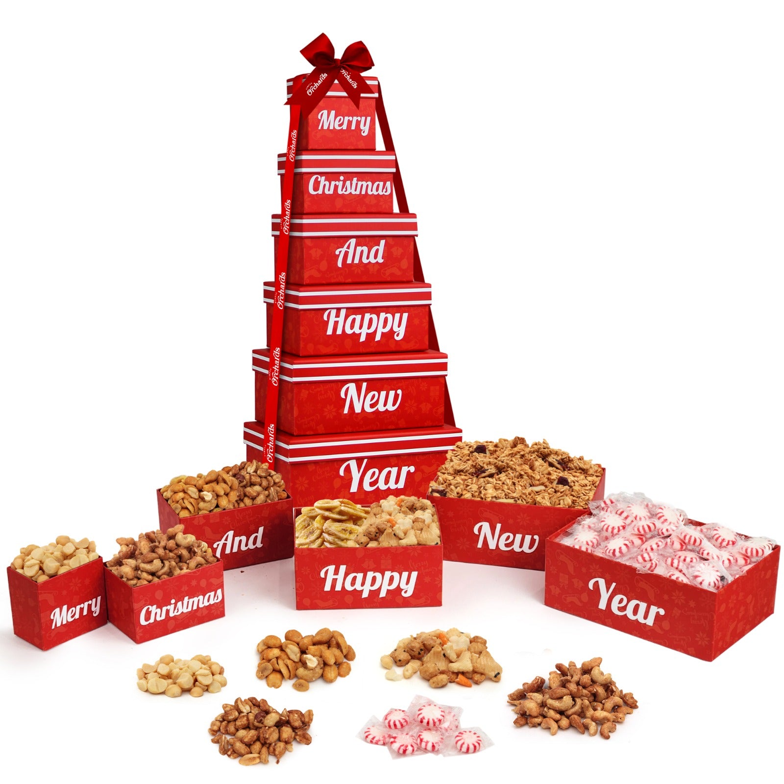 Merry Christmas and Happy New Year 6 Tier Indulgence Gift Basket Tower with Dried Fruits & Nuts - Gourmet Food Present for Men & Women